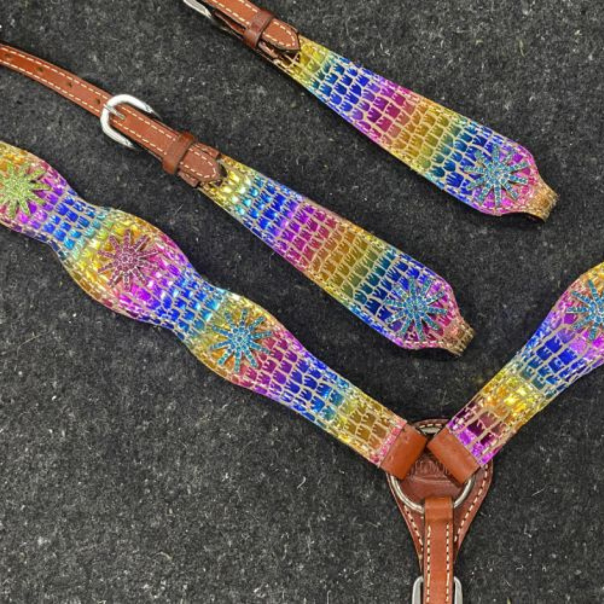 Showman ® Rainbow Gator Print One Ear Headstall and Breast Collar set. - Double T Saddles