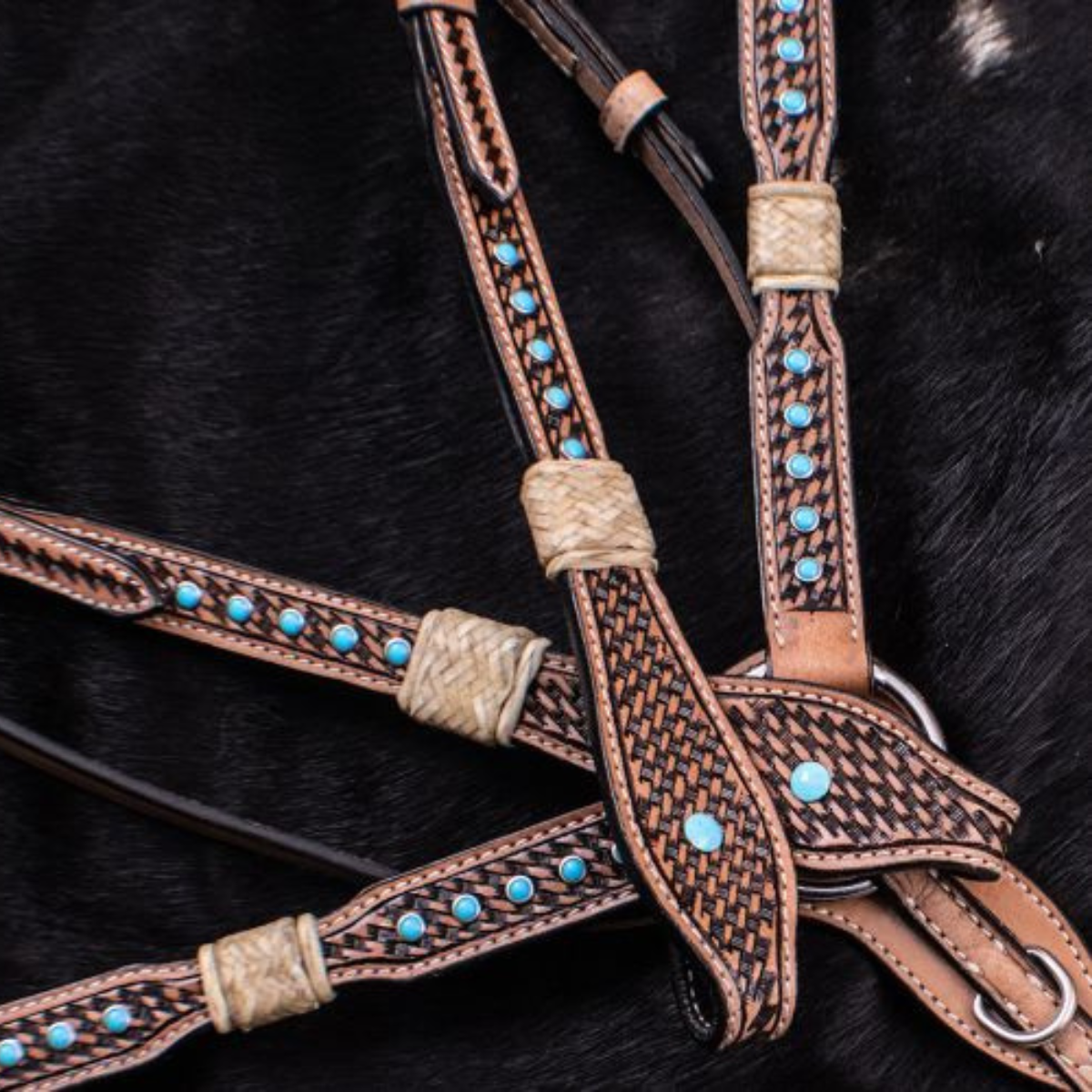 Showman ® Rawhide Braided Headstall and Breast collar Set with Turquoise Studs. - Double T Saddles