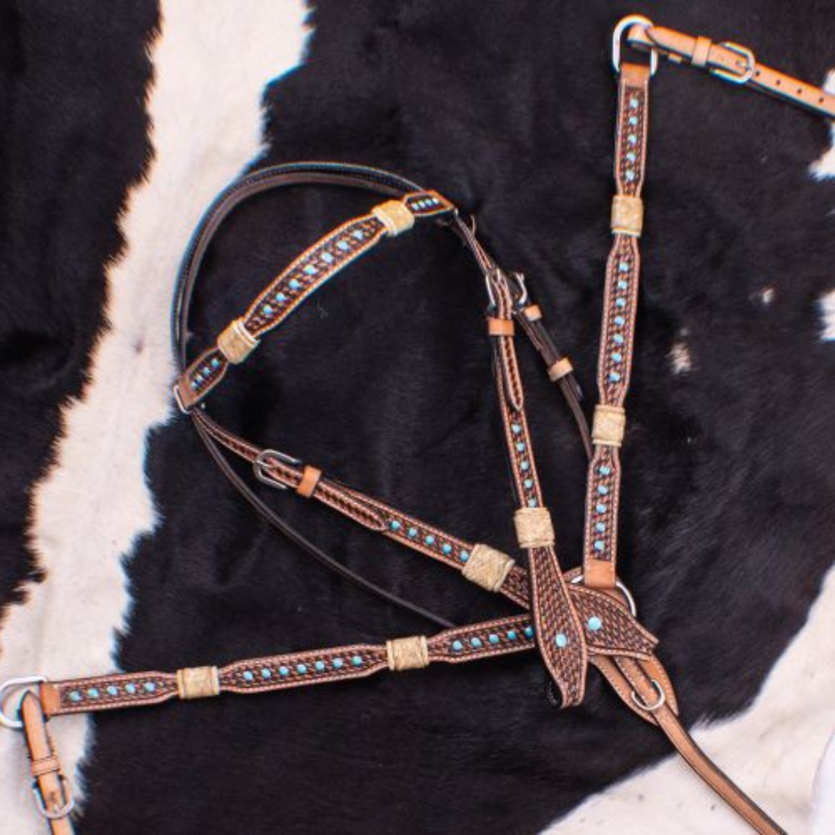 Showman ® Rawhide Braided Headstall and Breast collar Set with Turquoise Studs. - Double T Saddles