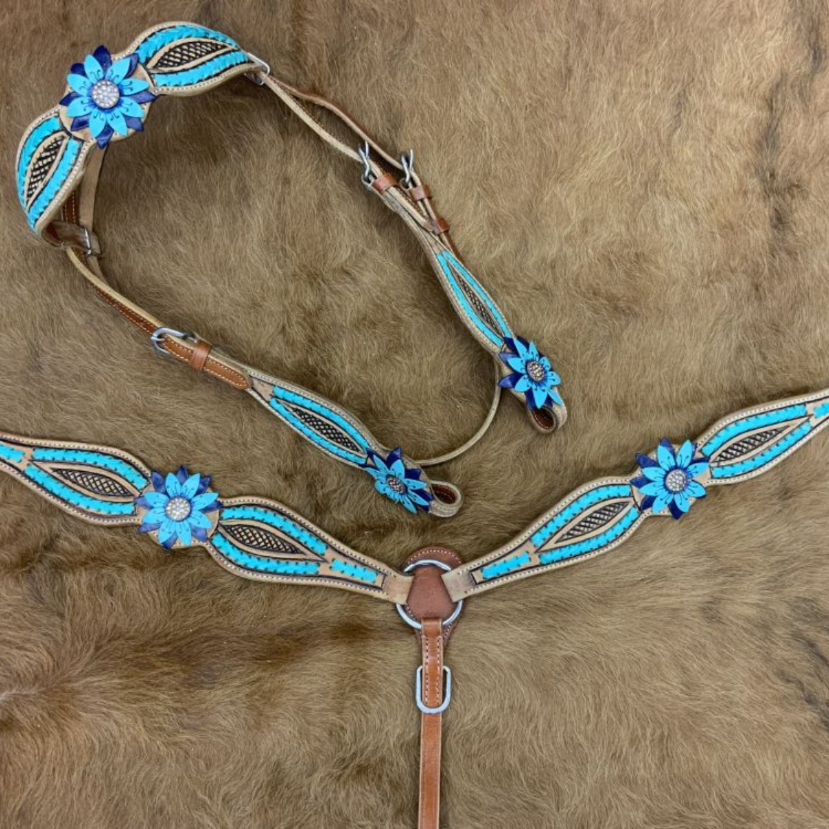 Showman ® Rawhide Laced Headstall and Breast collar Set with 3D leather painted flower accents. - Double T Saddles
