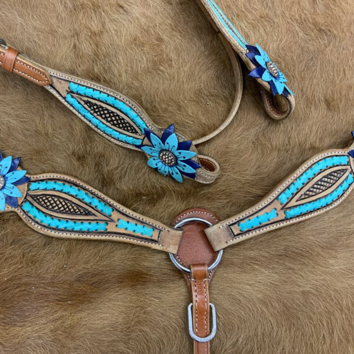 Showman ® Rawhide Laced Headstall and Breast collar Set with 3D leather painted flower accents. - Double T Saddles