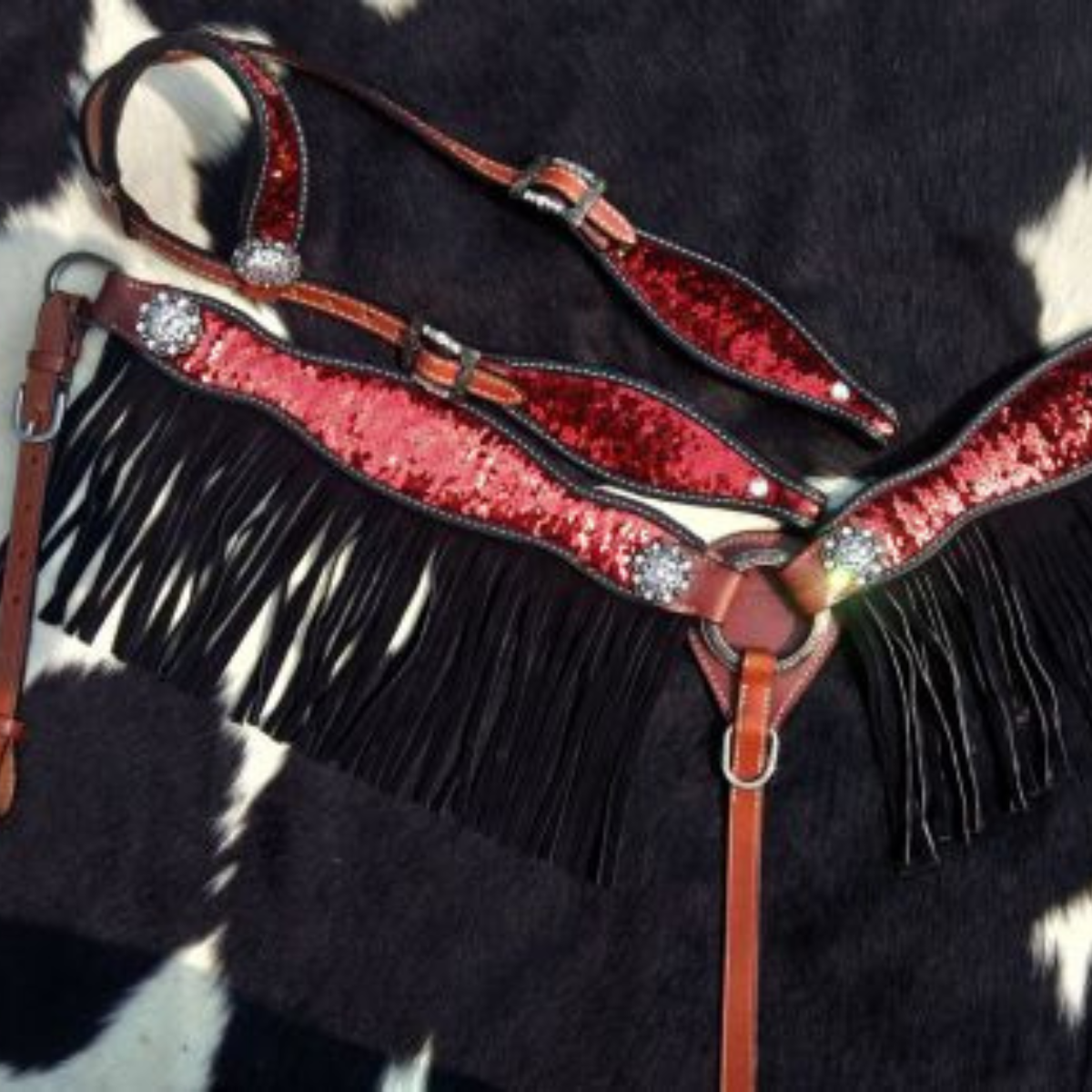 Double T® Red and Gold Sequins Inlay Single Ear Headstall and Breast Collar Set with black suede leather fringe. - Double T Saddles