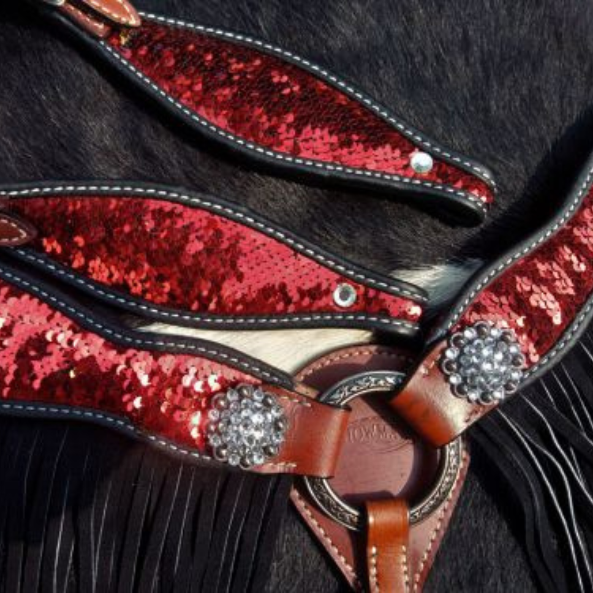 Double T® Red and Gold Sequins Inlay Single Ear Headstall and Breast Collar Set with black suede leather fringe. - Double T Saddles