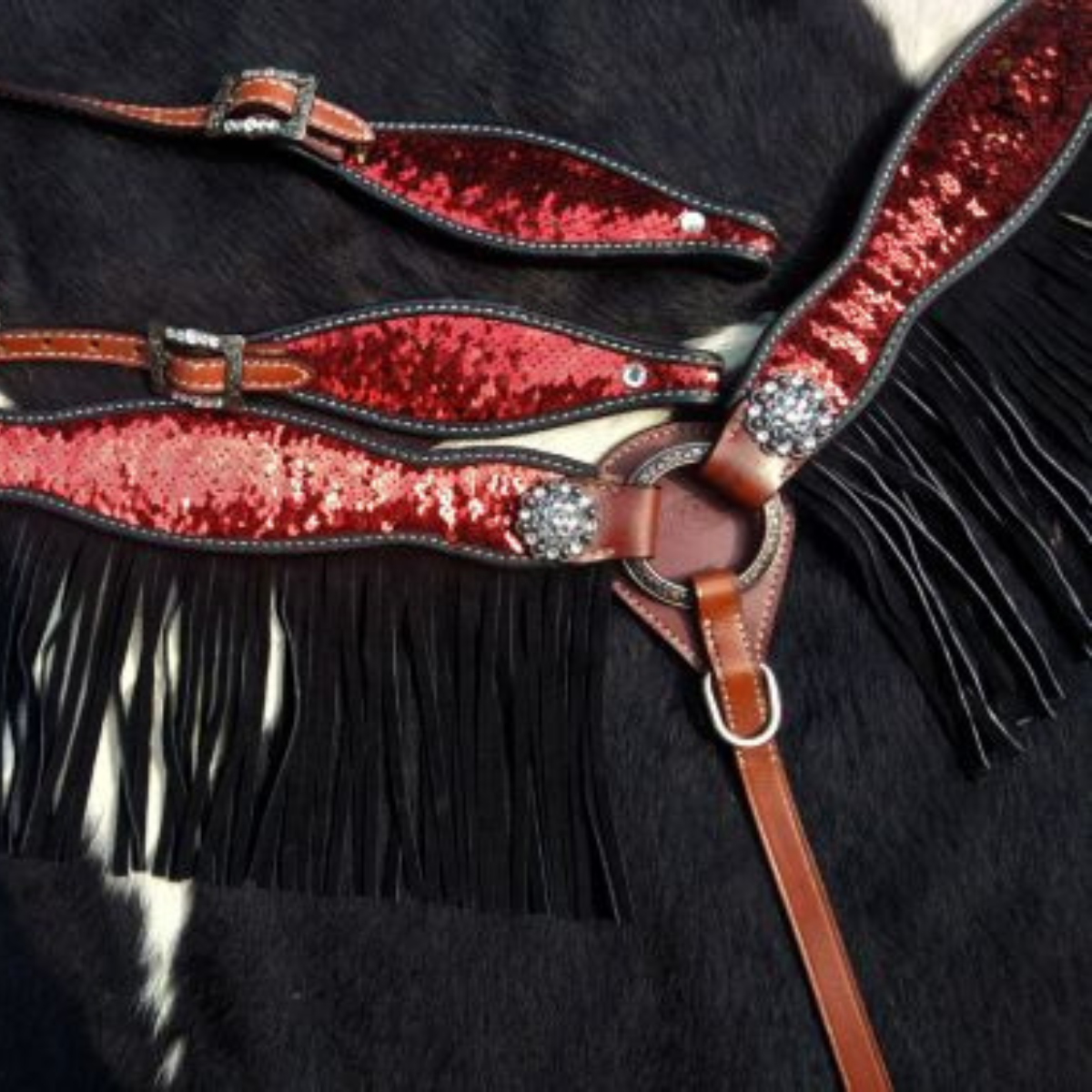 Double T® Red and Gold Sequins Inlay Single Ear Headstall and Breast Collar Set with black suede leather fringe. - Double T Saddles