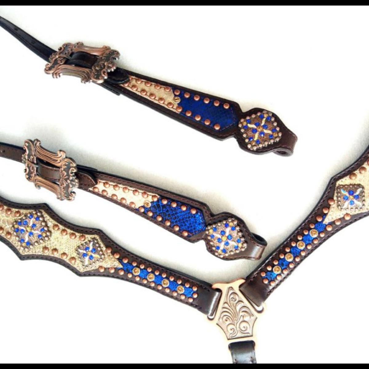 Showman ® Royal Blue and Gold metallic Braided Single Ear Headstall and Breast Collar Set. - Double T Saddles