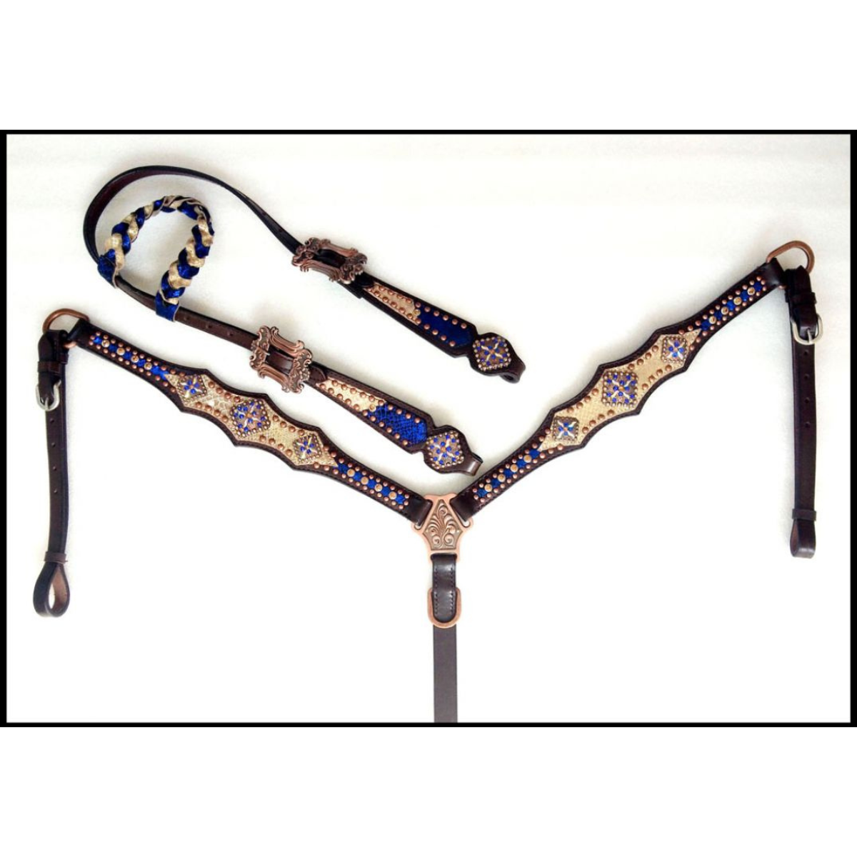 Showman ® Royal Blue and Gold metallic Braided Single Ear Headstall and Breast Collar Set. - Double T Saddles