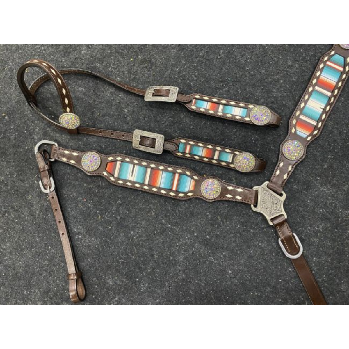 Showman ® Serape Southwest Print One Ear Headstall and Breastcollar Set with bling conchos. - Double T Saddles