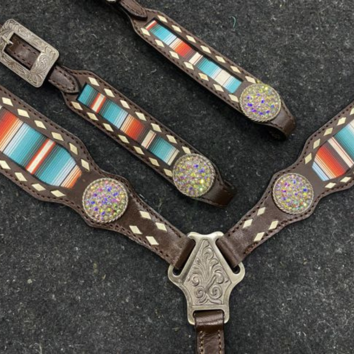 Showman ® Serape Southwest Print One Ear Headstall and Breastcollar Set with bling conchos. - Double T Saddles