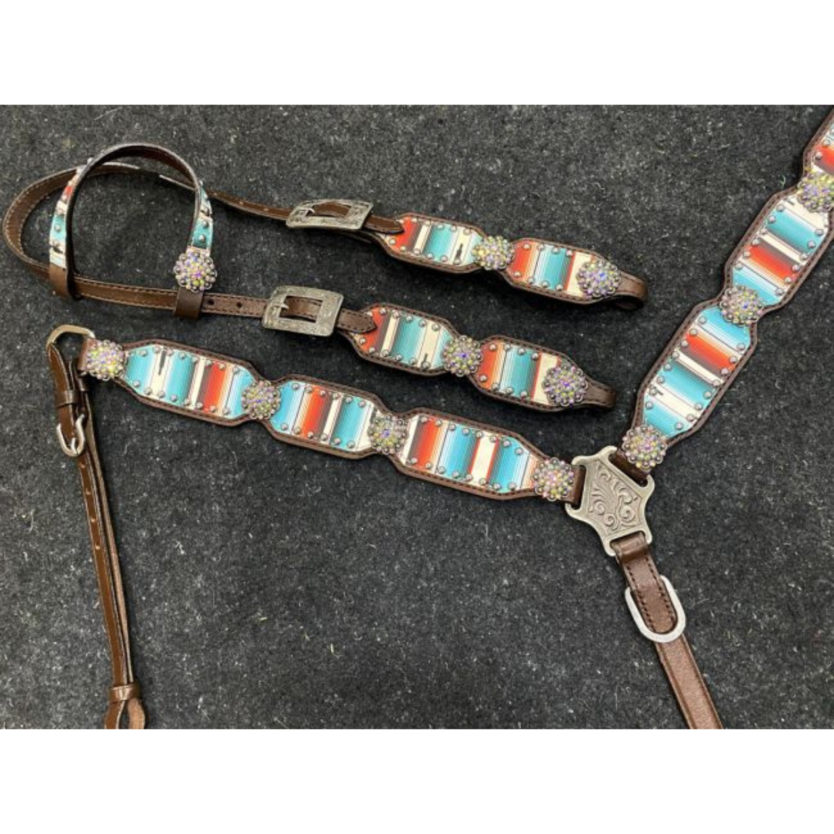 Showman ® Serape Southwest Print One Ear Headstall and Breastcollar Set with bling conchos. - Double T Saddles