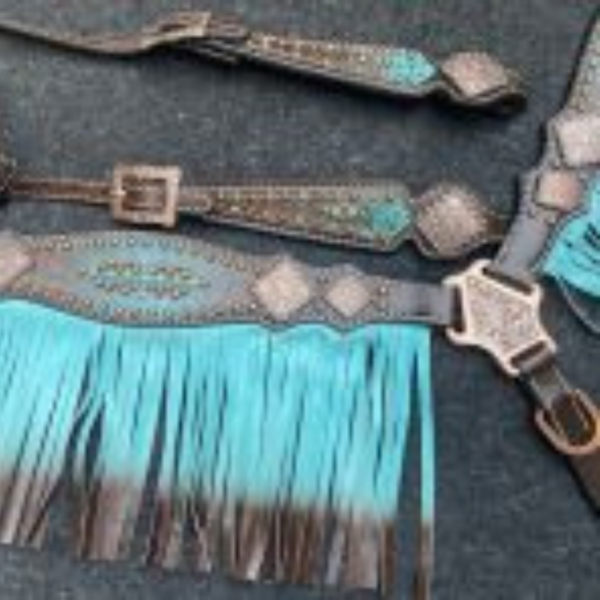 Showman ® Teal / Brown Ombre Fringe tooled leather Headstall and Breast collar set - Double T Saddles