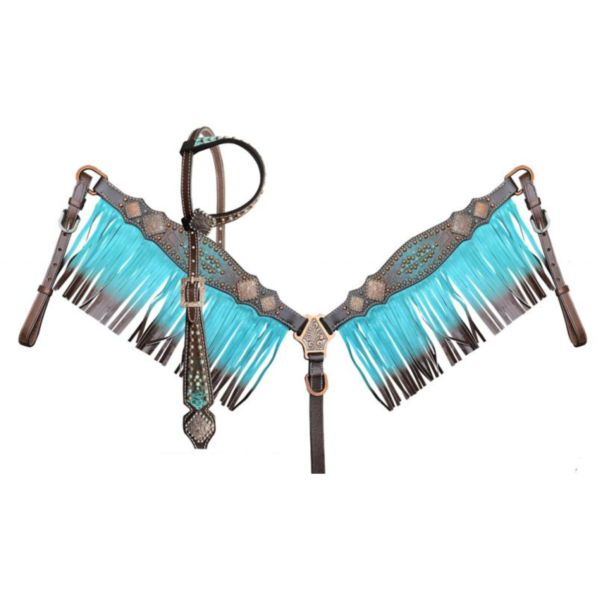 Brown Ombre Fringe tooled leather Headstall and Breast collar set 