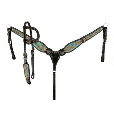 Tooled Flowers on Blue Glitter Inlay Single Ear Headstall 