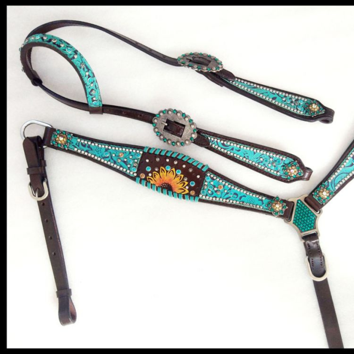 Showman ® Turquoise inlay with painted sunflower accent one ear headstall and breast collar set. - Double T Saddles