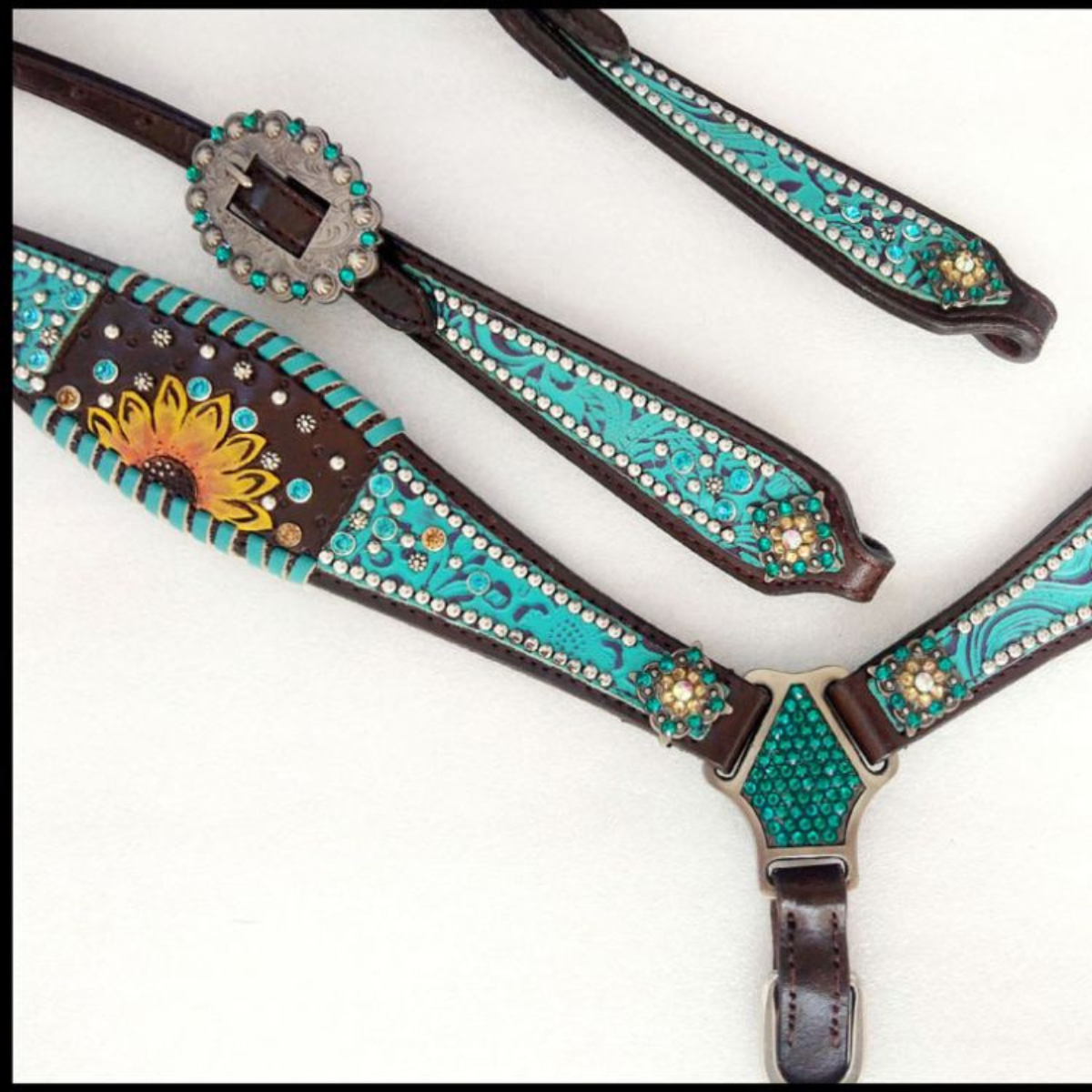 Showman ® Turquoise inlay with painted sunflower accent one ear headstall and breast collar set. - Double T Saddles