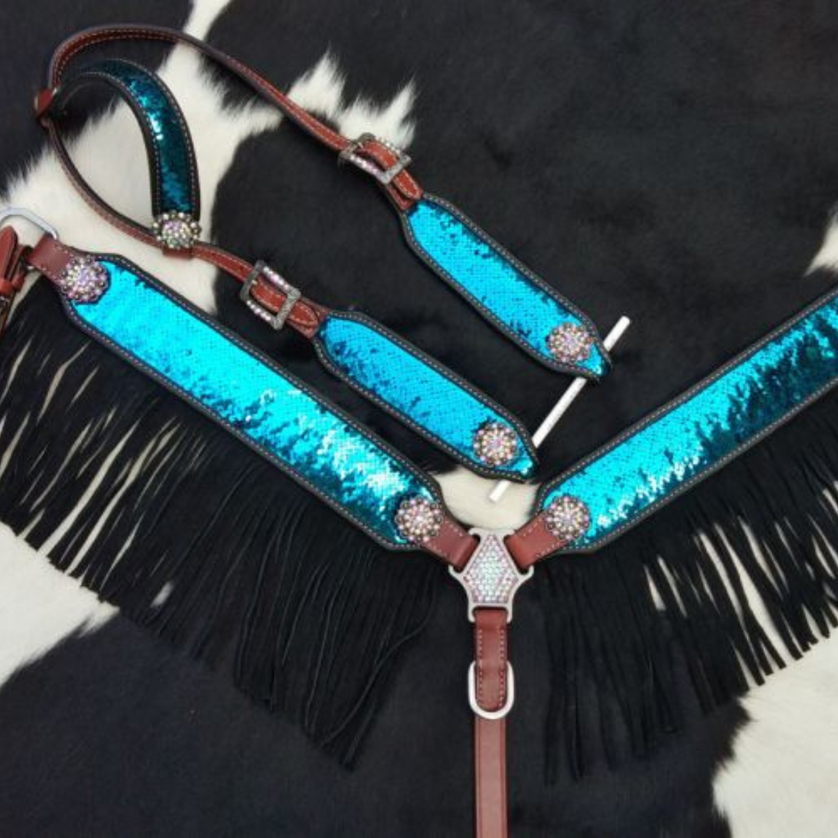 Showman ® Turquoise and Pink Sequins Inlay Single Ear Headstall and Breast Collar Set with black suede leather fringe. - Double T Saddles