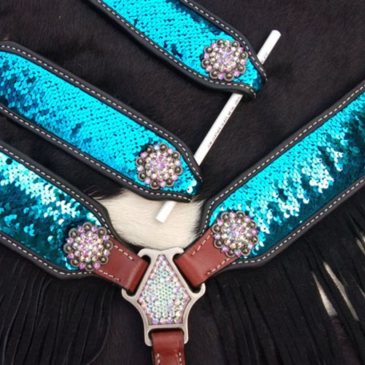 Showman ® Turquoise and Pink Sequins Inlay Single Ear Headstall and Breast Collar Set with black suede leather fringe. - Double T Saddles