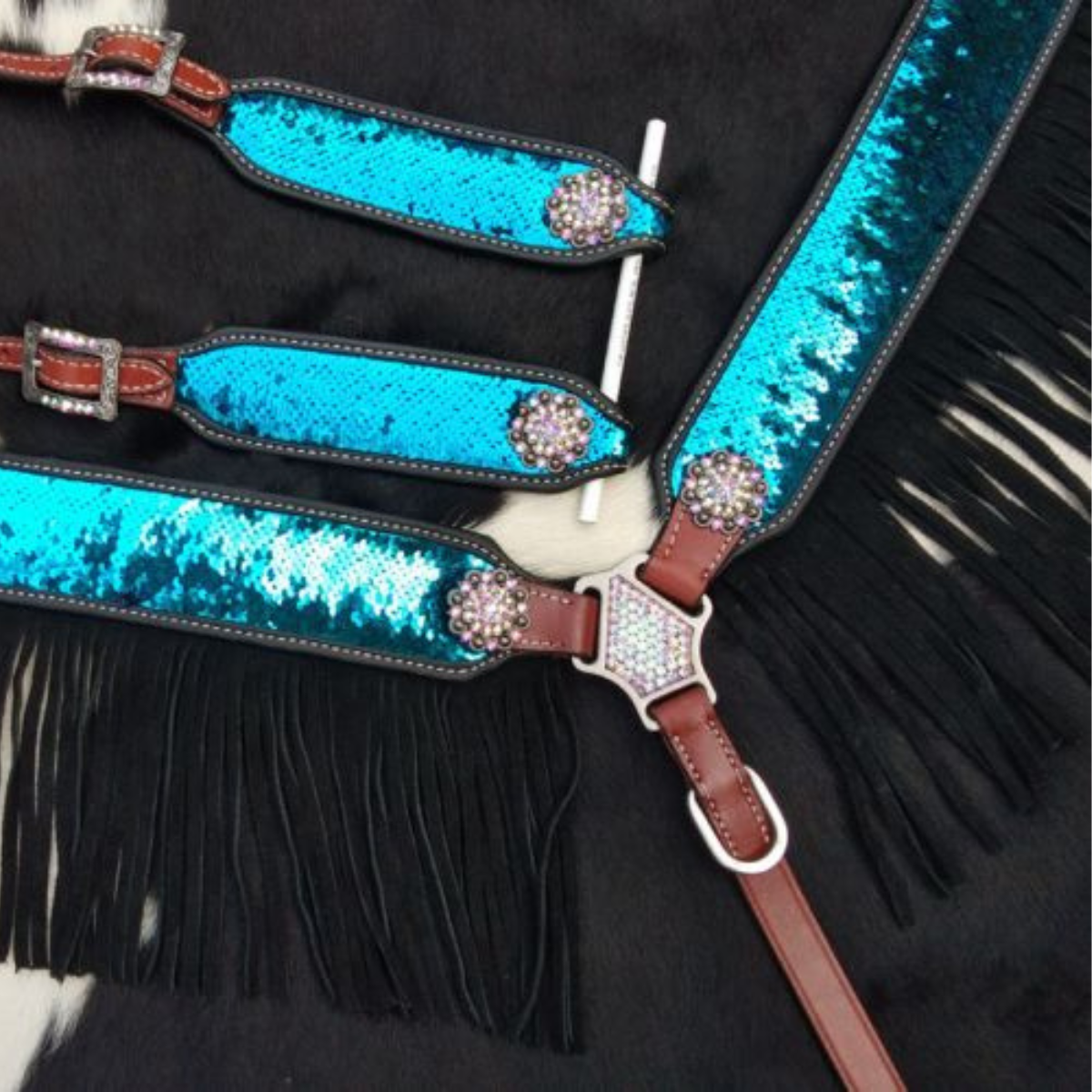 Showman ® Turquoise and Pink Sequins Inlay Single Ear Headstall and Breast Collar Set with black suede leather fringe. - Double T Saddles