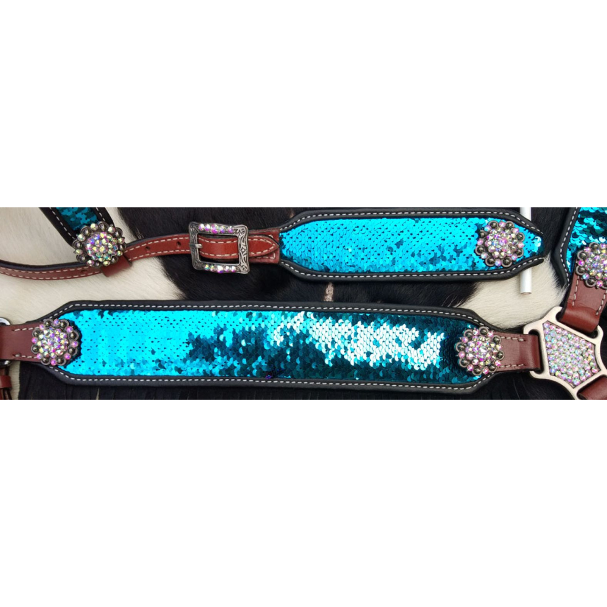 Showman ® Turquoise and Pink Sequins Inlay Single Ear Headstall and Breast Collar Set with black suede leather fringe. - Double T Saddles