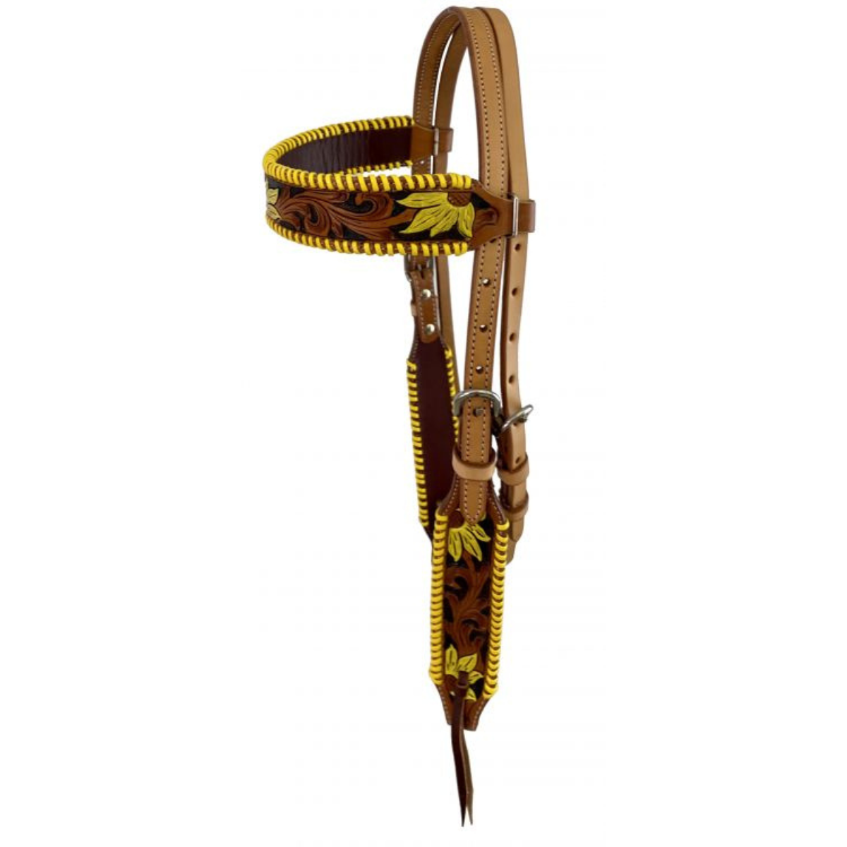 Showman ® Two Tone Argentina cow leather brow band headstall with hand painted sunflowers. - Double T Saddles