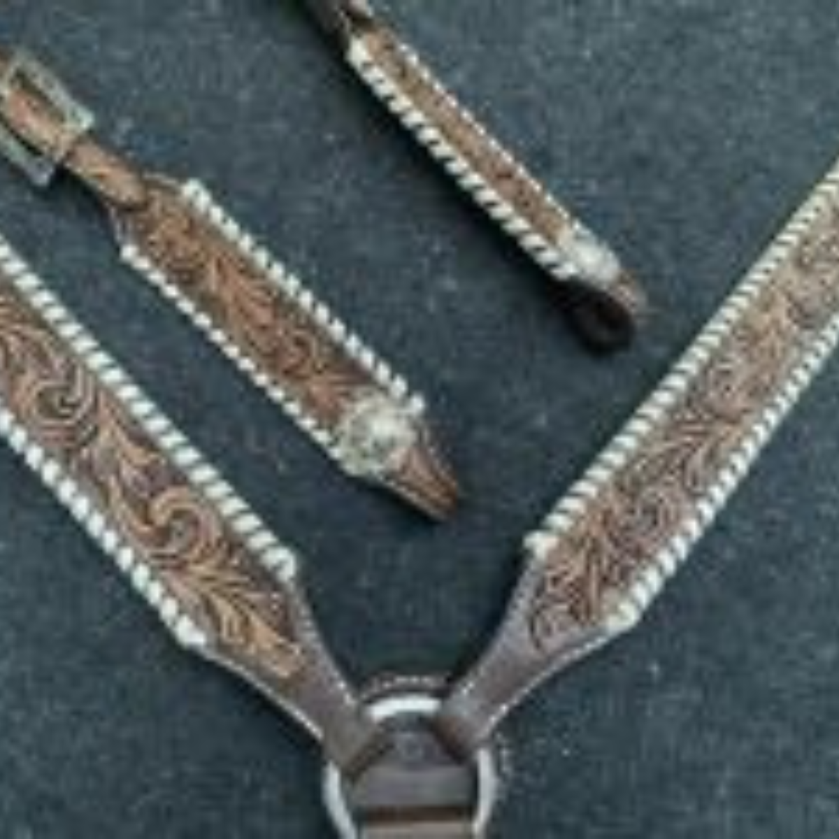 Showman ® Two-Tone Tooled Single Ear Headstall and Breast Collar Set with rawhide lacing. - Double T Saddles