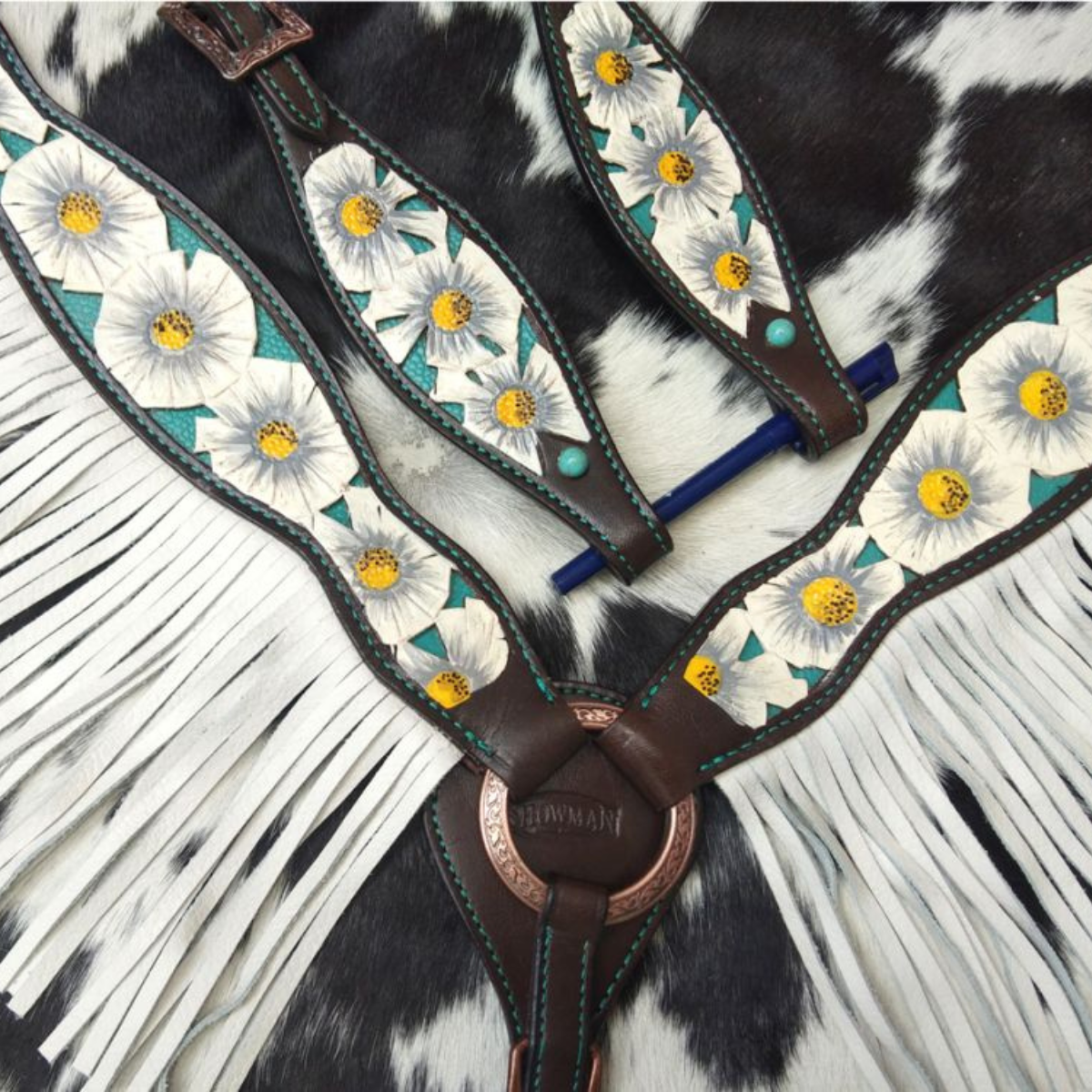 Showman ® White poppy painted flower with teal inlay one ear headstall and breast collar set with fringe. - Double T Saddles