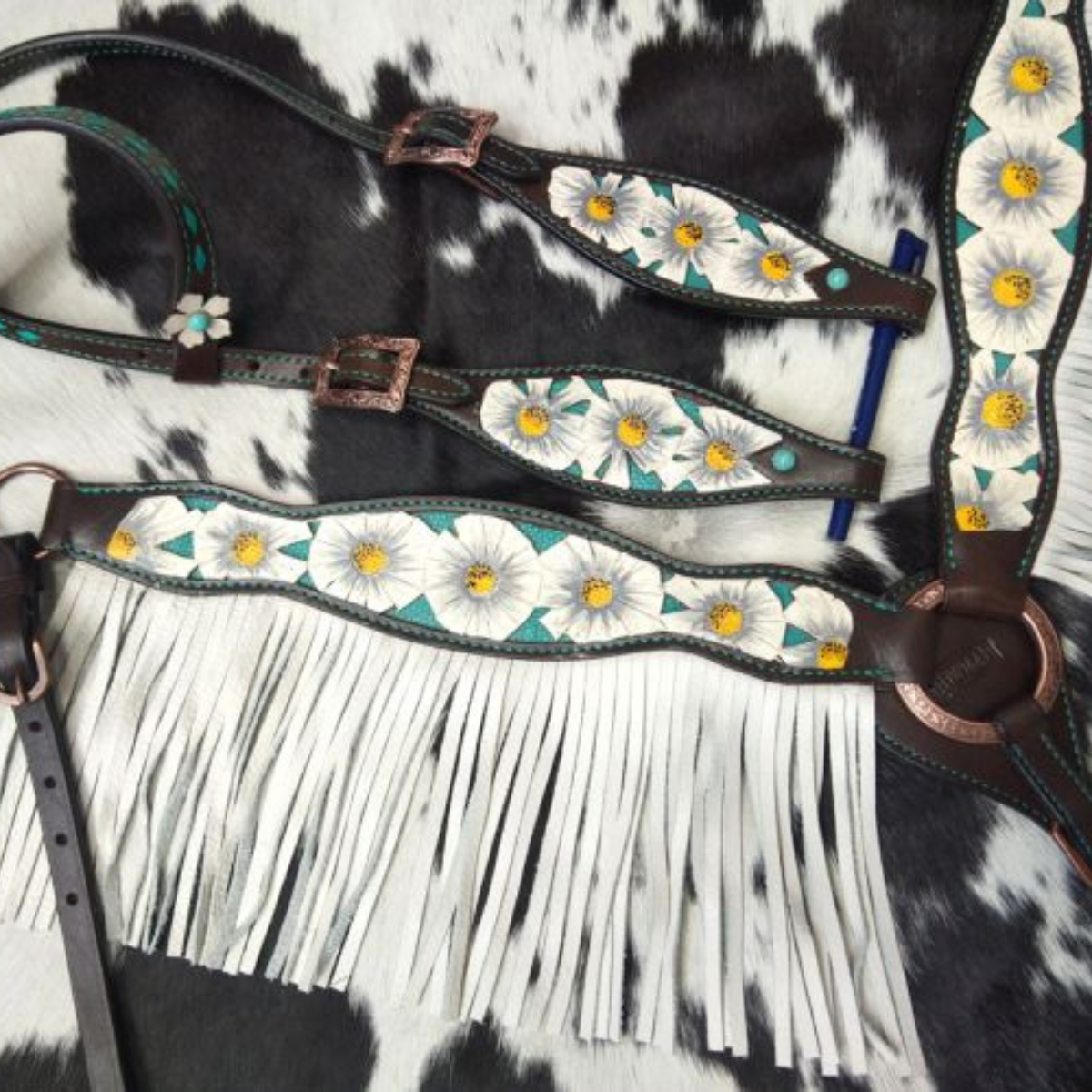 Showman ® White poppy painted flower with teal inlay one ear headstall and breast collar set with fringe. - Double T Saddles
