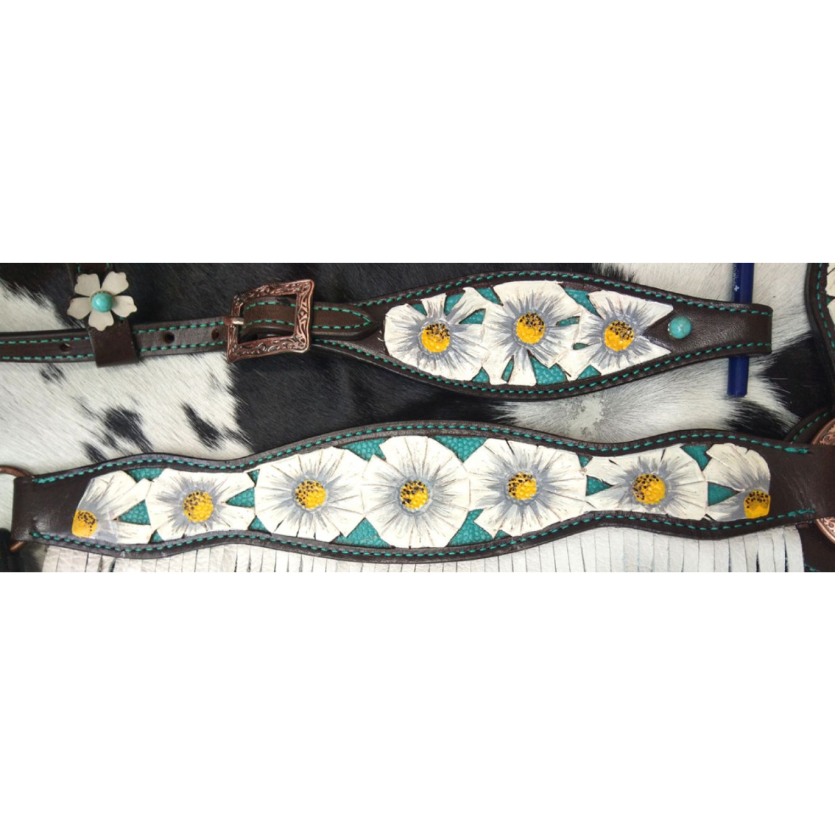 Showman ® White poppy painted flower with teal inlay one ear headstall and breast collar set with fringe. - Double T Saddles