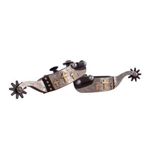 Youth size brown steel spur with brass crosses and brass studs