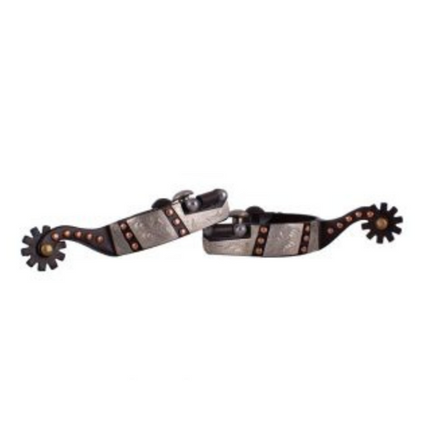 Youth size brown steel spur with copper studs