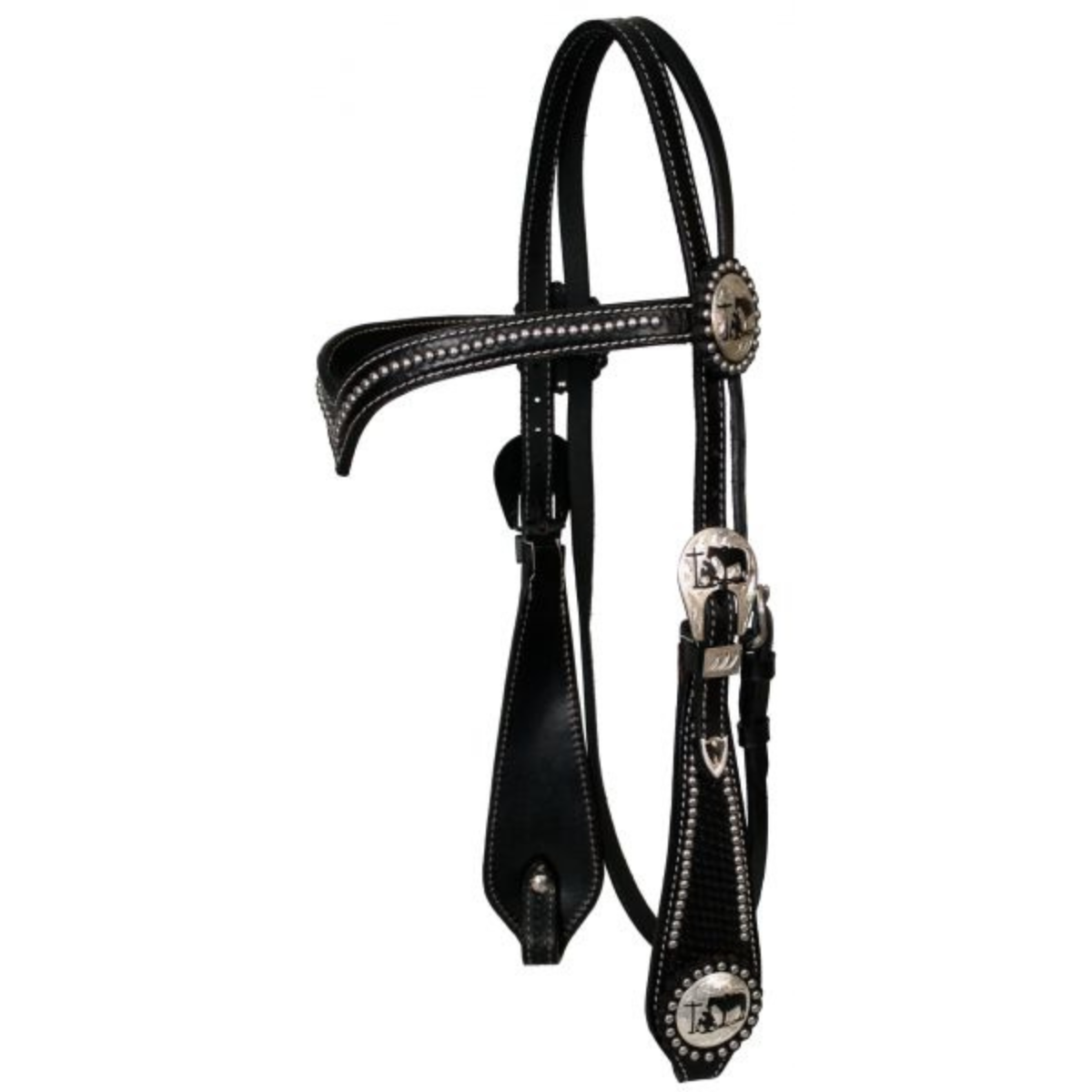 Showman ® double stitched leather silver beaded v brow headstall. - Double T Saddles