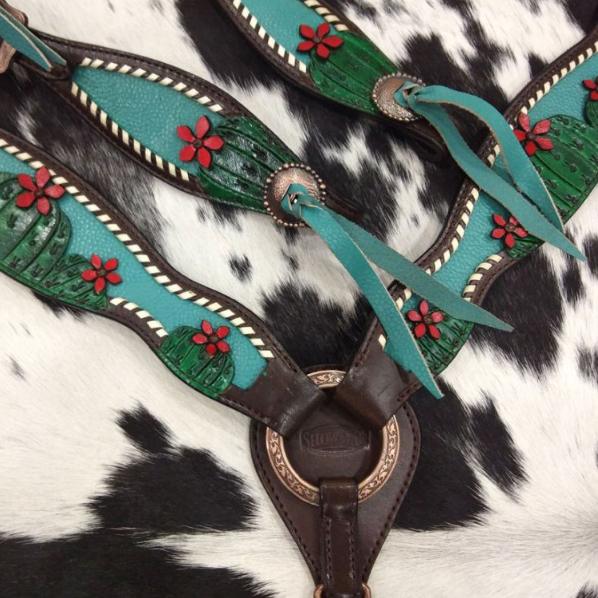 Showman ®Painted Cactus with 3D flower accent one ear headstall breast collar set. - Double T Saddles