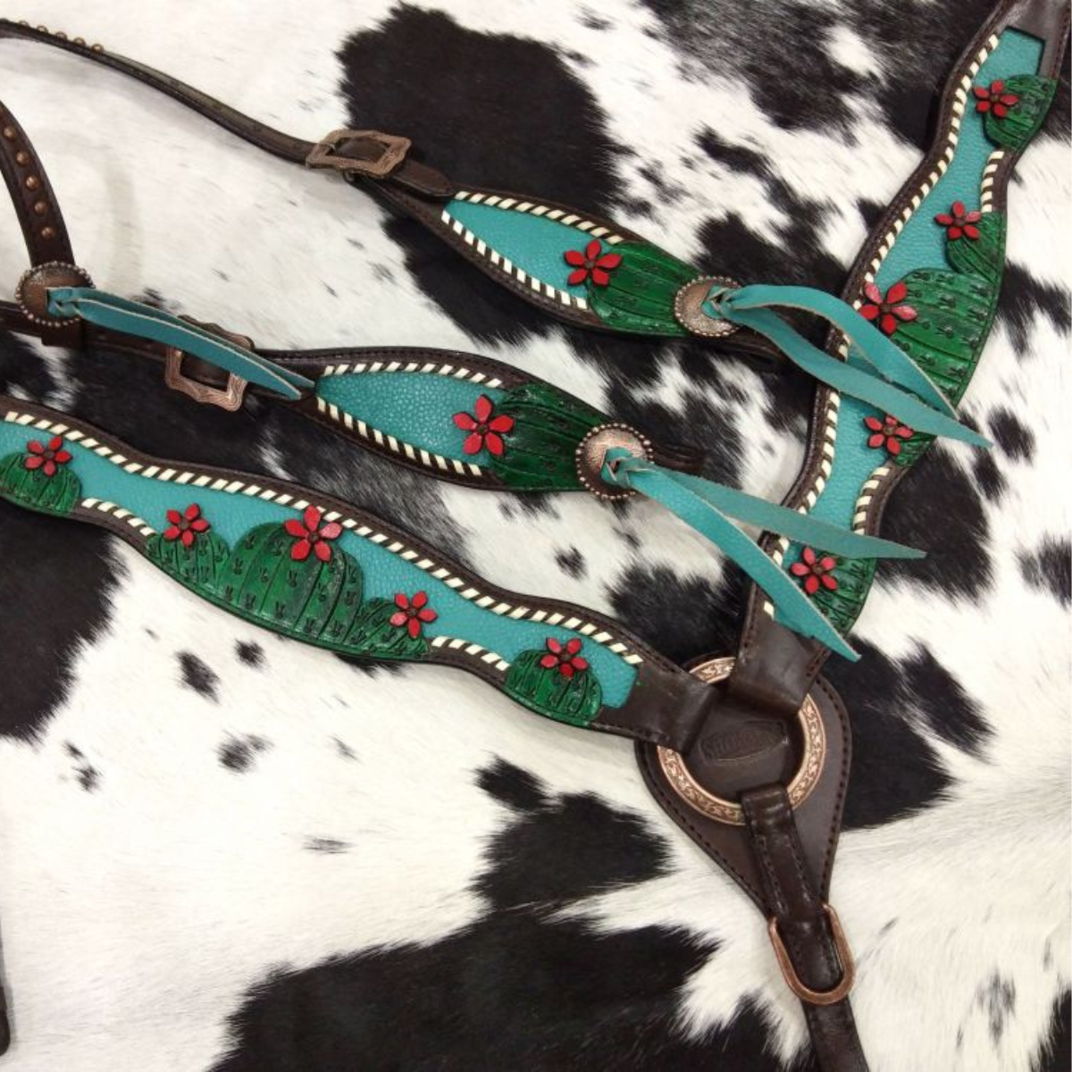 Showman ®Painted Cactus with 3D flower accent one ear headstall breast collar set. - Double T Saddles