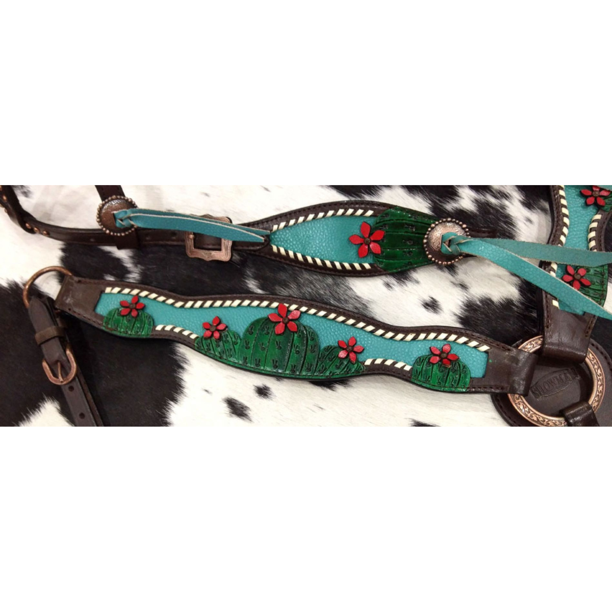 Showman ®Painted Cactus with 3D flower accent one ear headstall breast collar set. - Double T Saddles