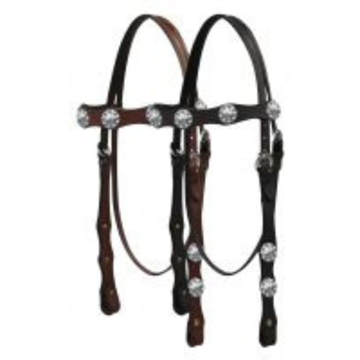 titched leather headstall with engraved silver conchos 