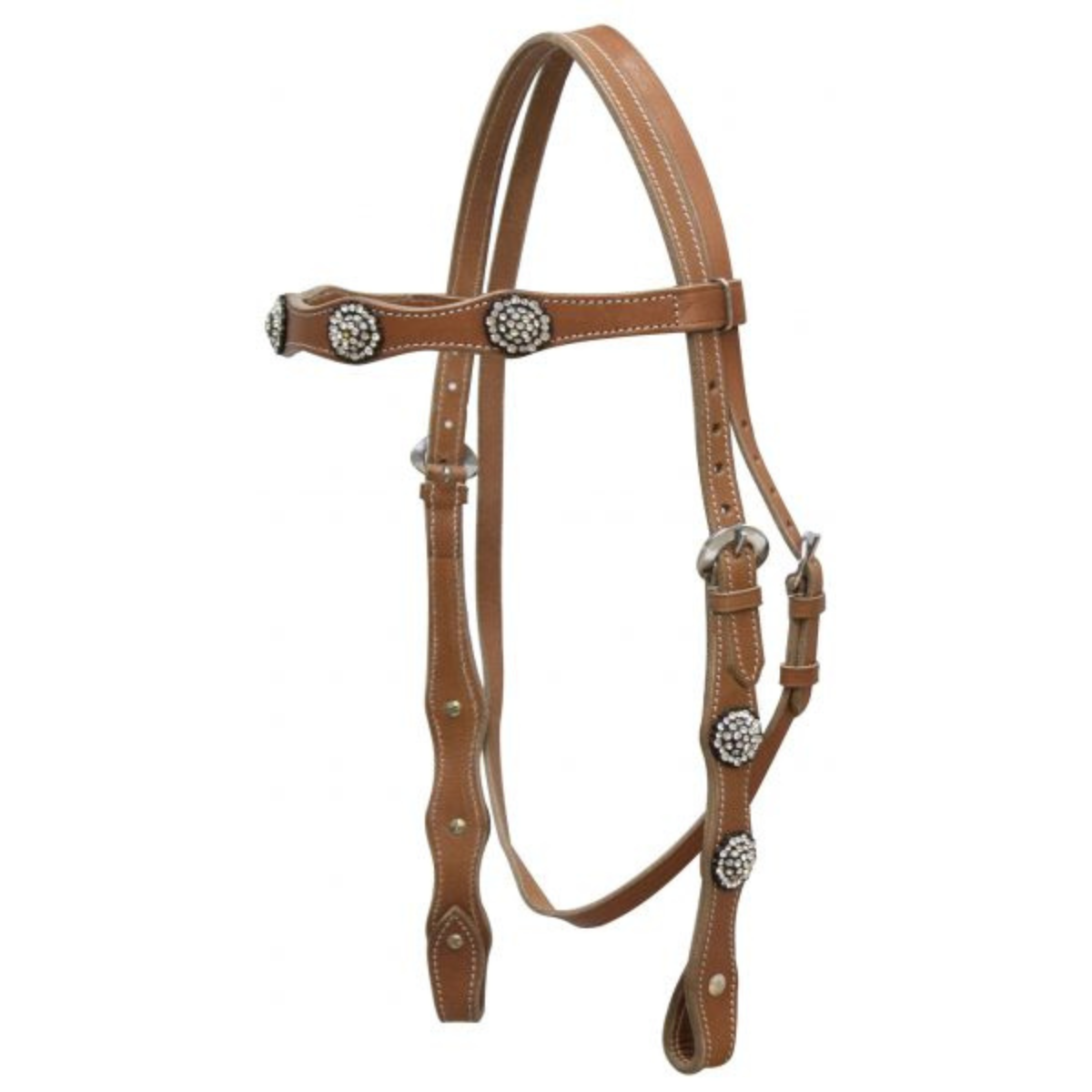 Showman ® Leather double stitched headstall with clear rhinestone conchos. - Double T Saddles