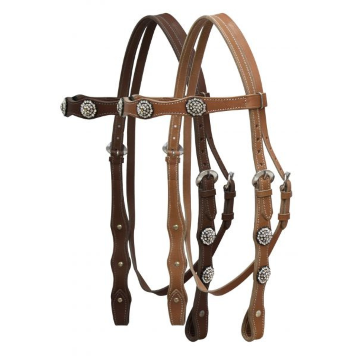 Leather double stitched headstall with clear rhinestone conchos