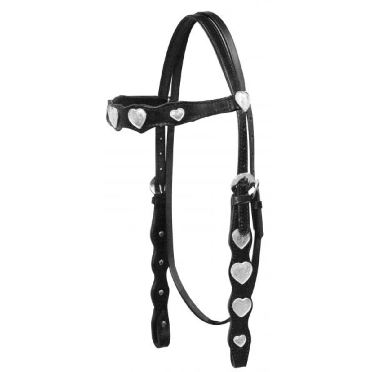 Showman ® Leather headstall with engraved silver heart conchos on browband and cheeks. - Double T Saddles