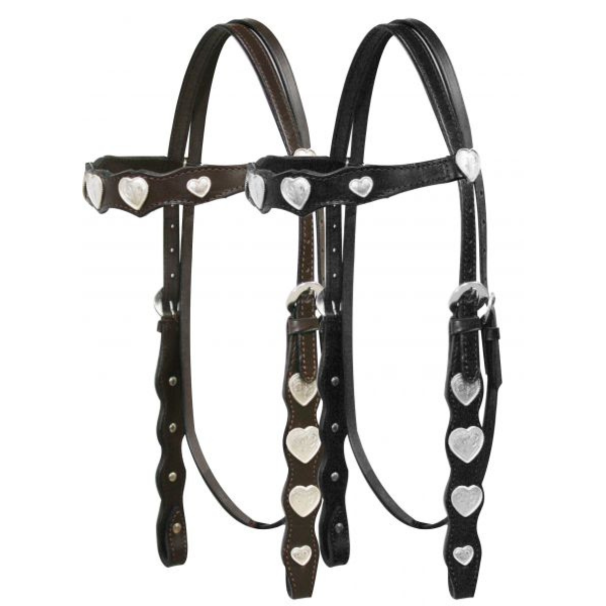 Leather headstall with engraved silver heart conchos