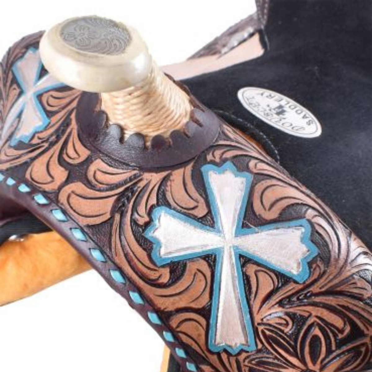 13" HAND PAINTED CROSS DESIGN DOUBLE T BARREL SADDLE - Double T Saddles