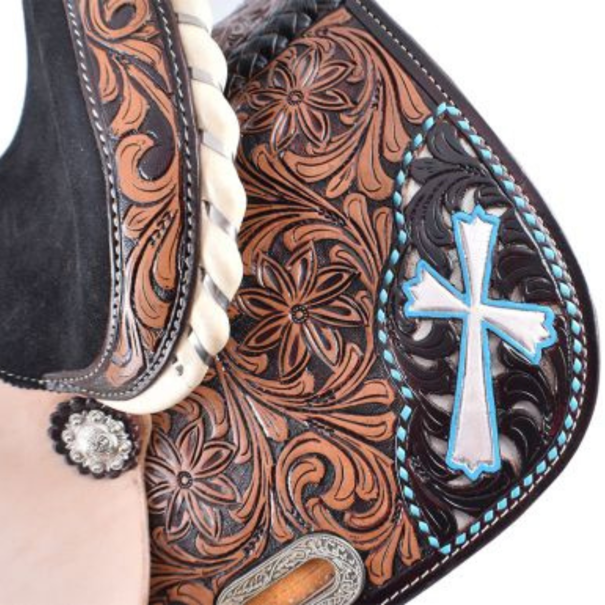 13" HAND PAINTED CROSS DESIGN DOUBLE T BARREL SADDLE - Double T Saddles