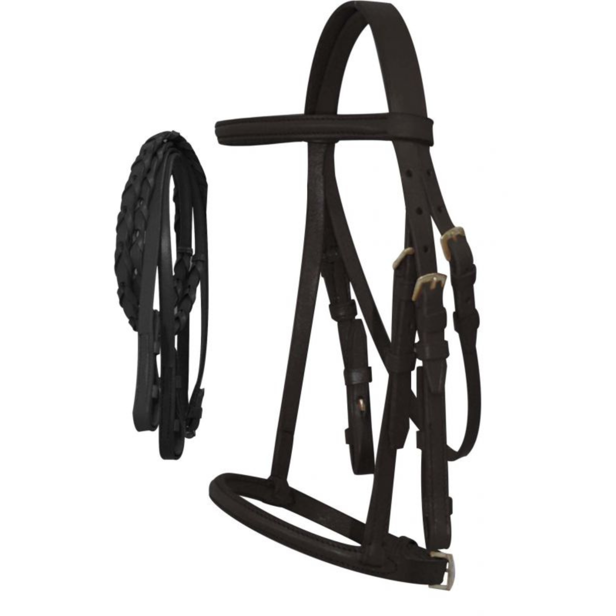 Pony Size English headstall with raised browband and braided leather reins - Double T Saddles