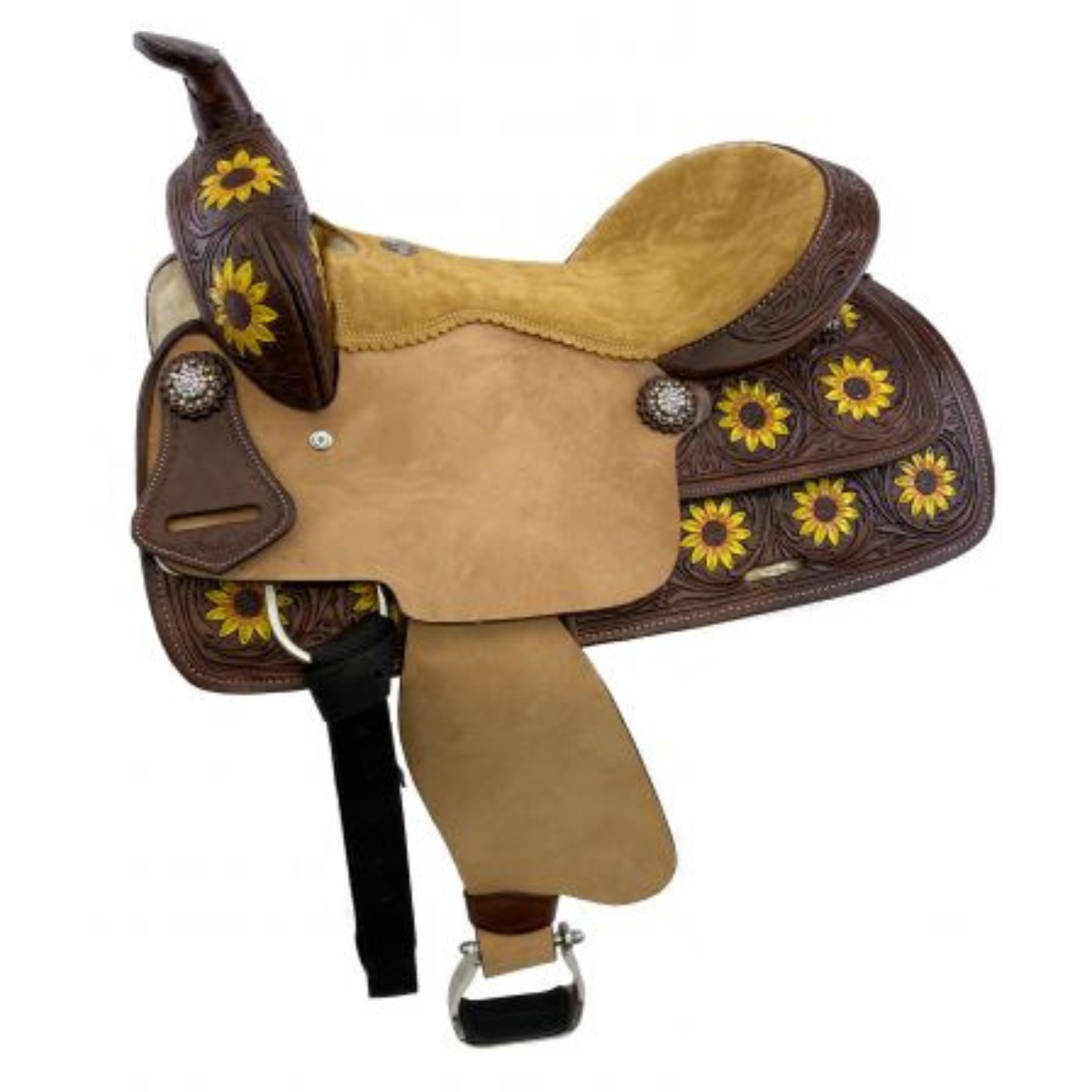 SUNFLOWER DESIGN 15" / 16" DOUBLE T  BARREL STYLE SADDLE - Double T Saddles