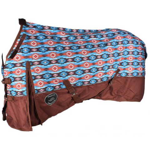 The Waterproof and Breathable Showman ® Orange and Turquoise Southwest Print 1200 Denier Perfect Fit Turnout Blanket. - Double T Saddles