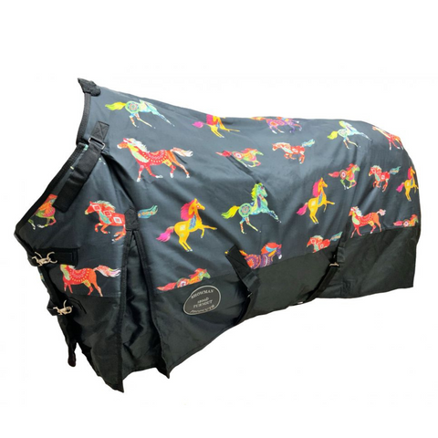 The Waterproof and Breathable Showman ® Southwest Tribal Running Horse Print 1200 Denier Perfect Fit Turnout Blanket. - Double T Saddles